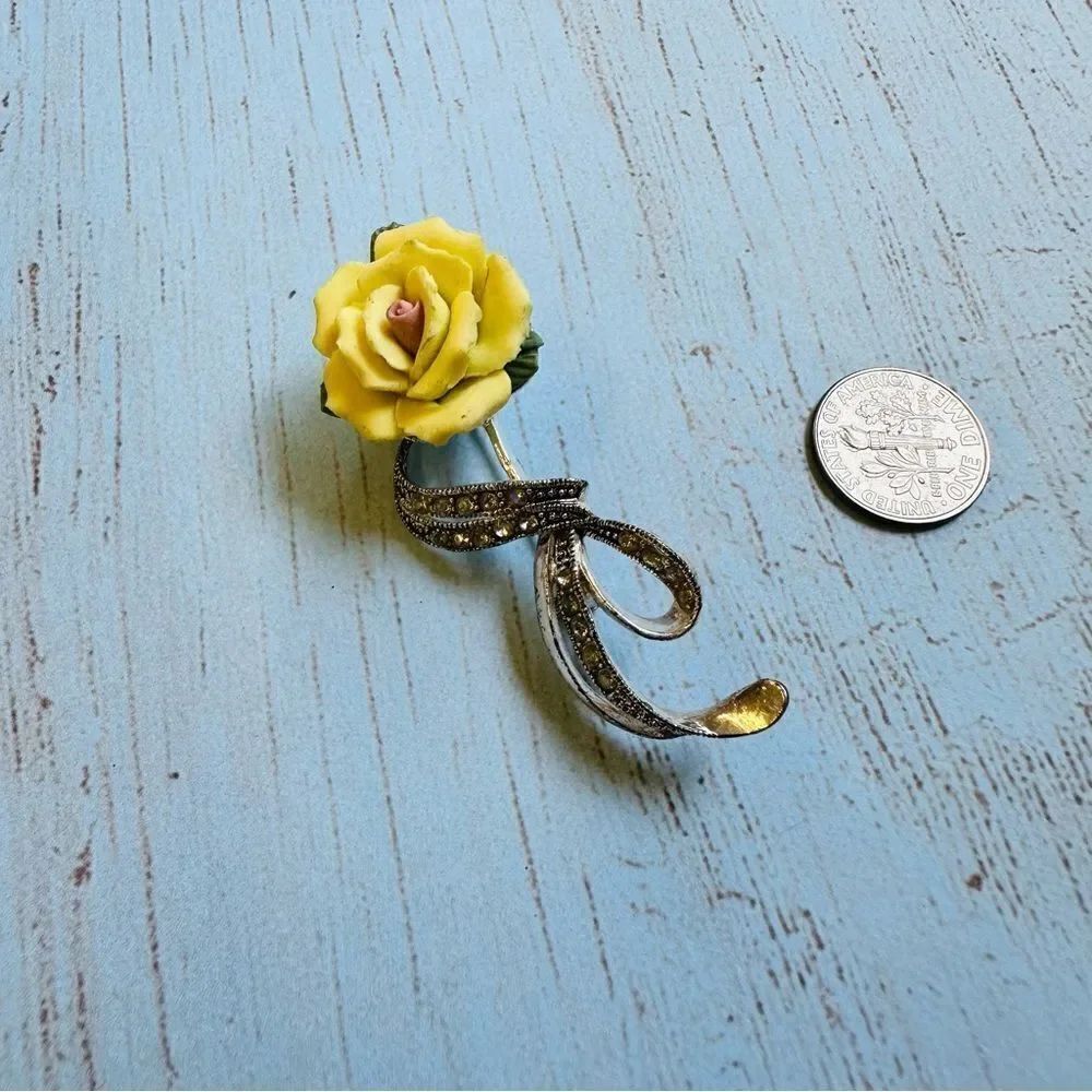 Silver Yellow Porcelain Rose Brooch